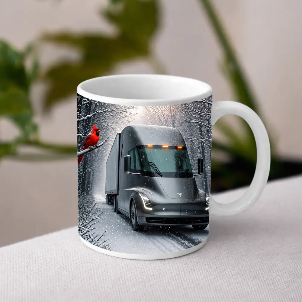 Tesla Semi Truck Driving Snowy Winter Forest – Mugs
