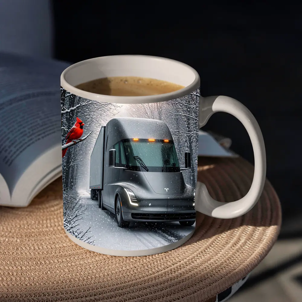 Tesla Semi Truck Driving Snowy Winter Forest – Mugs