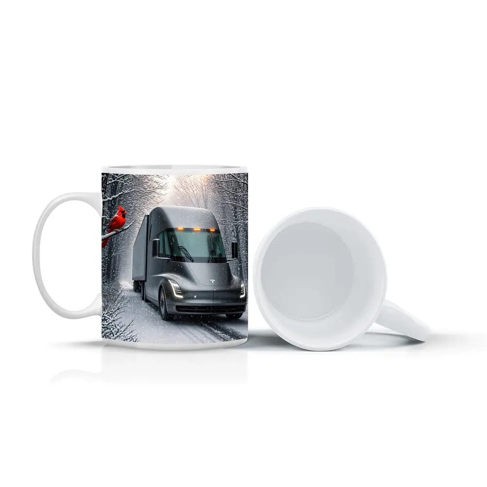 Tesla Semi Truck Driving Snowy Winter Forest – Mugs