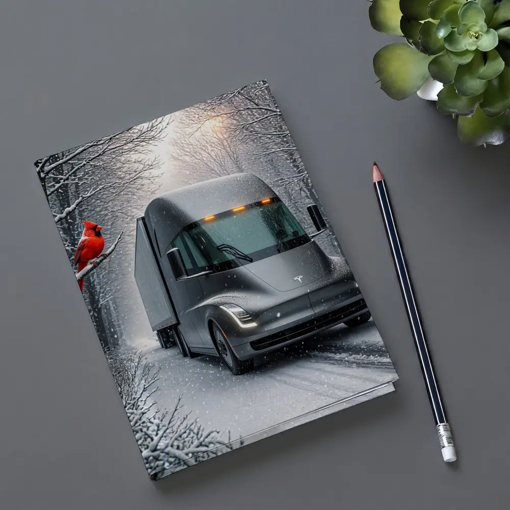 Tesla Semi Truck Driving Snowy Winter Forest – Notebooks