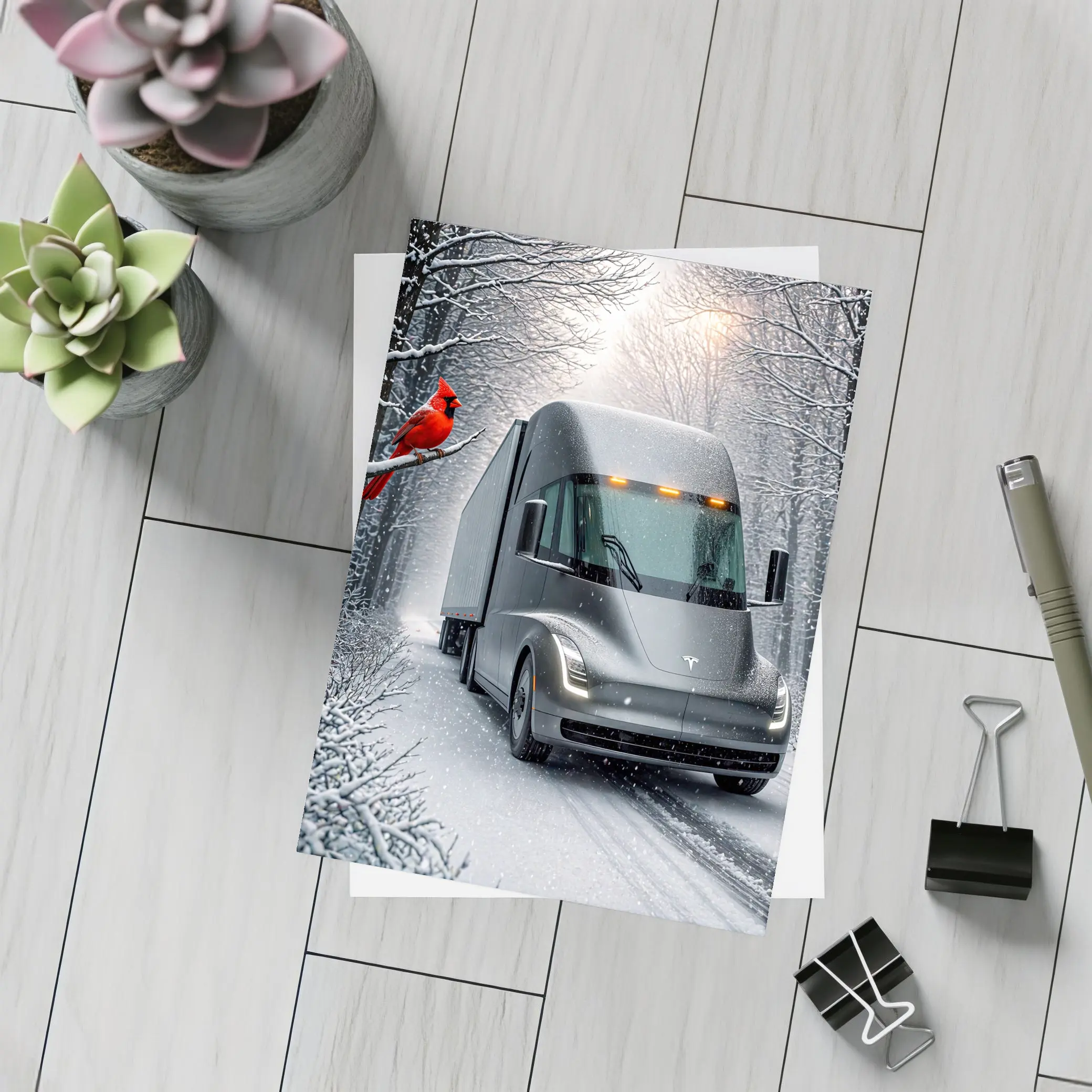 Tesla Semi Truck Driving Snowy Winter Forest – Postcards