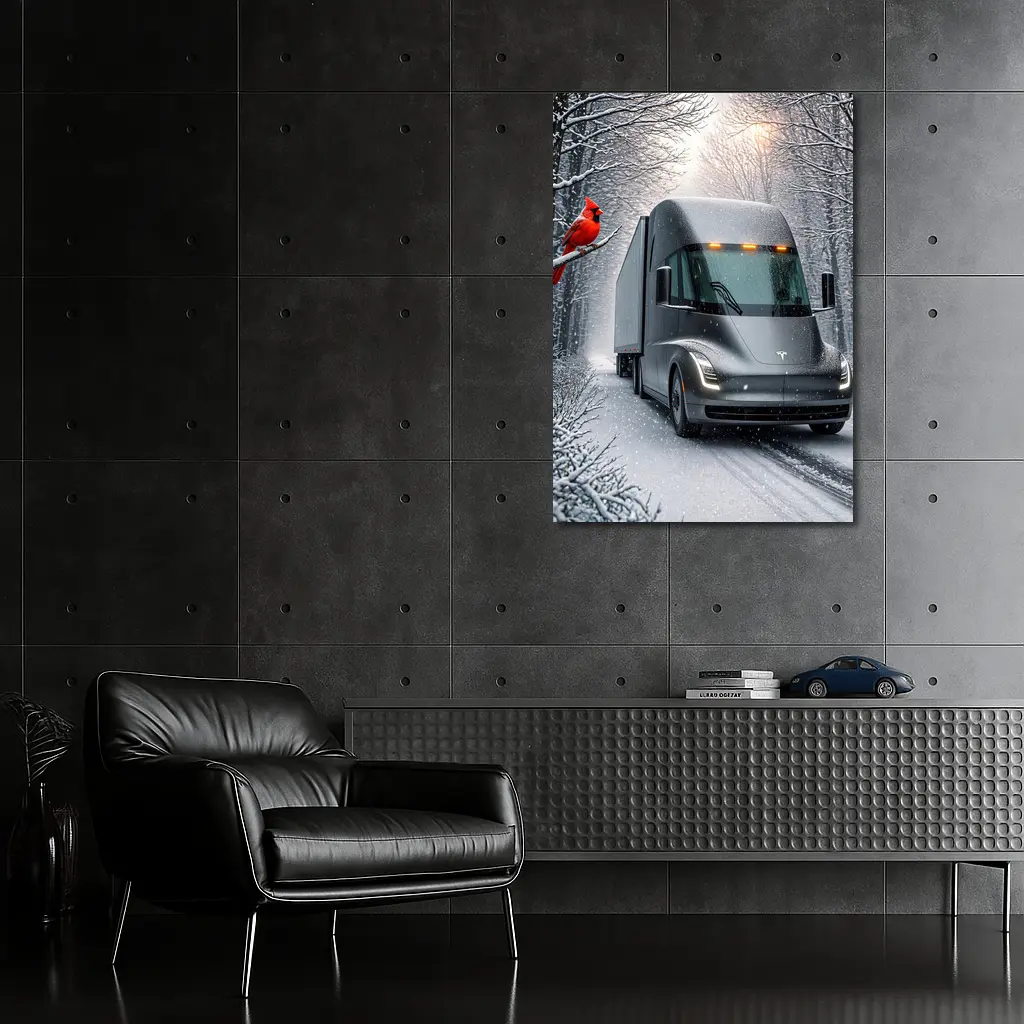 Tesla Semi Truck Driving Snowy Winter Forest – Wall Art