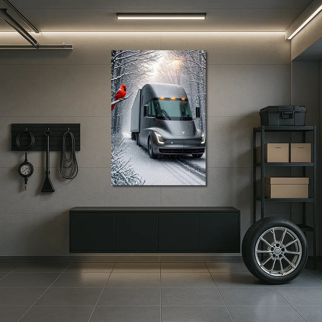 Tesla Semi Truck Driving Snowy Winter Forest – Wall Art