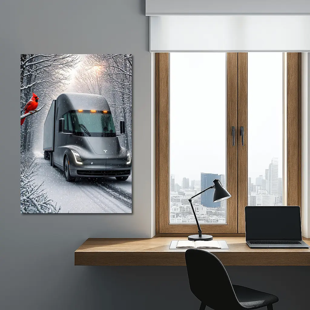 Tesla Semi Truck Driving Snowy Winter Forest – Wall Art