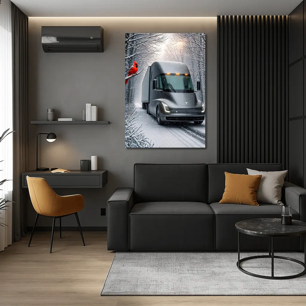 Tesla Semi Truck Driving Snowy Winter Forest – Wall Art