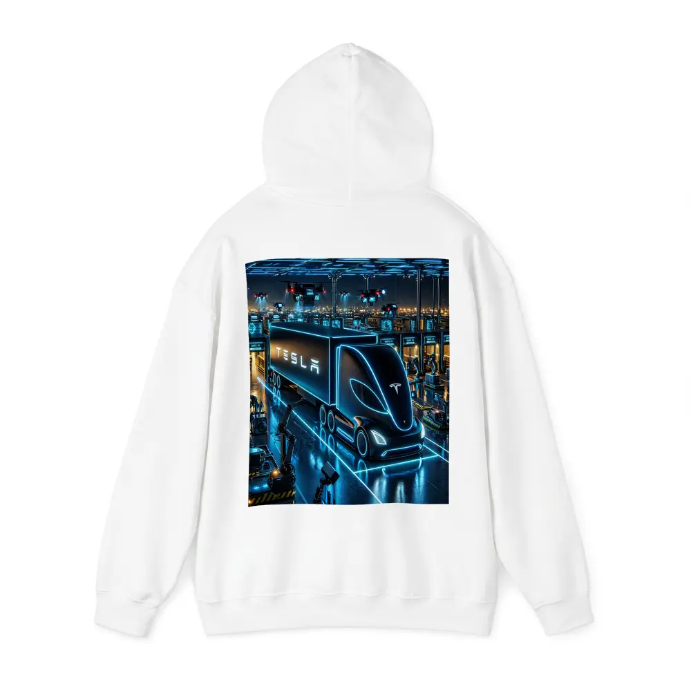 Tesla Semi Neon Factory Night Scene – Hoodies
