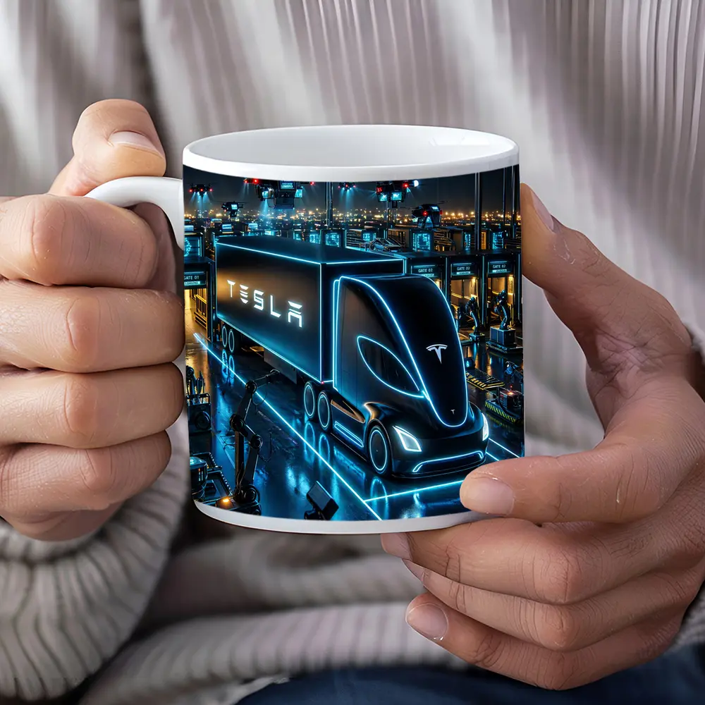 Tesla Semi Neon Factory Night Scene – Mugs