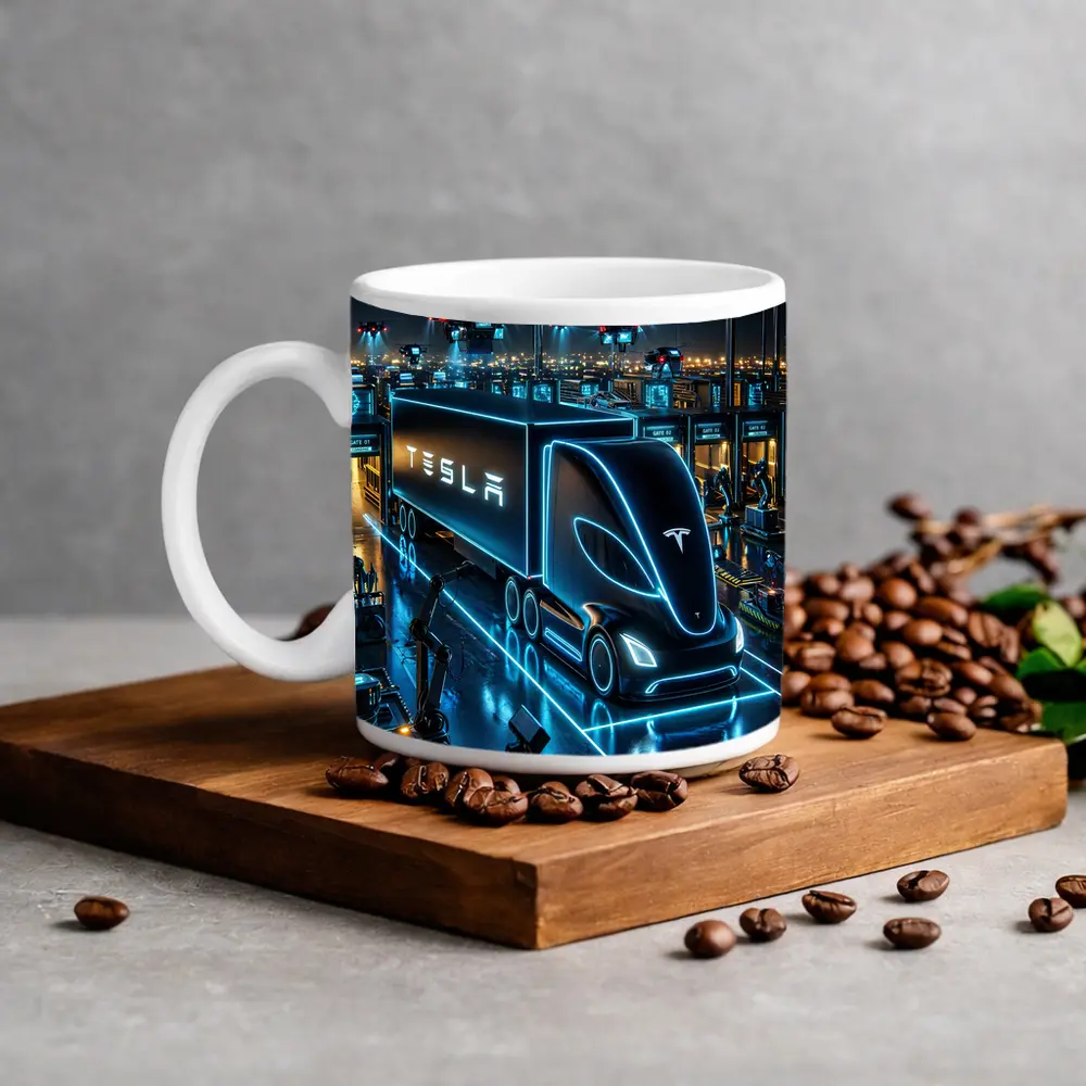 Tesla Semi Neon Factory Night Scene – Mugs