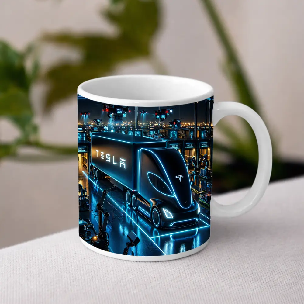 Tesla Semi Neon Factory Night Scene – Mugs