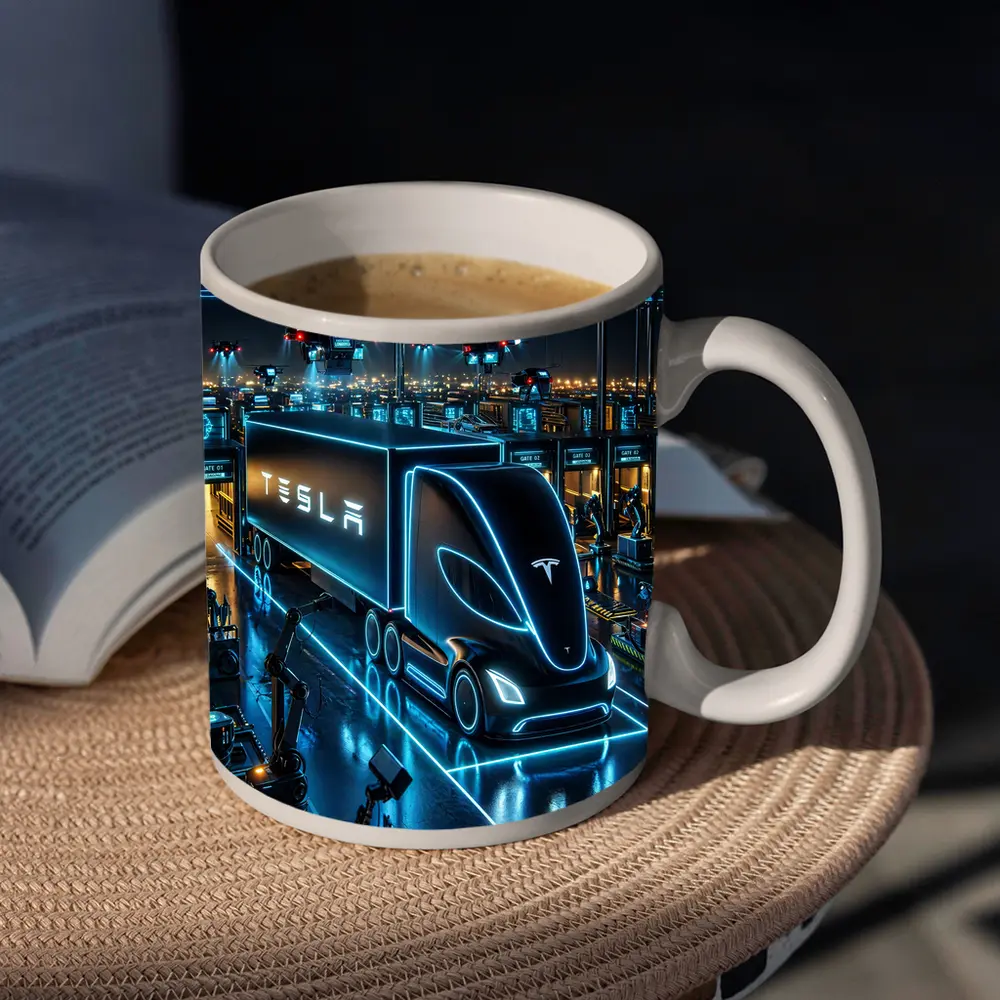 Tesla Semi Neon Factory Night Scene – Mugs