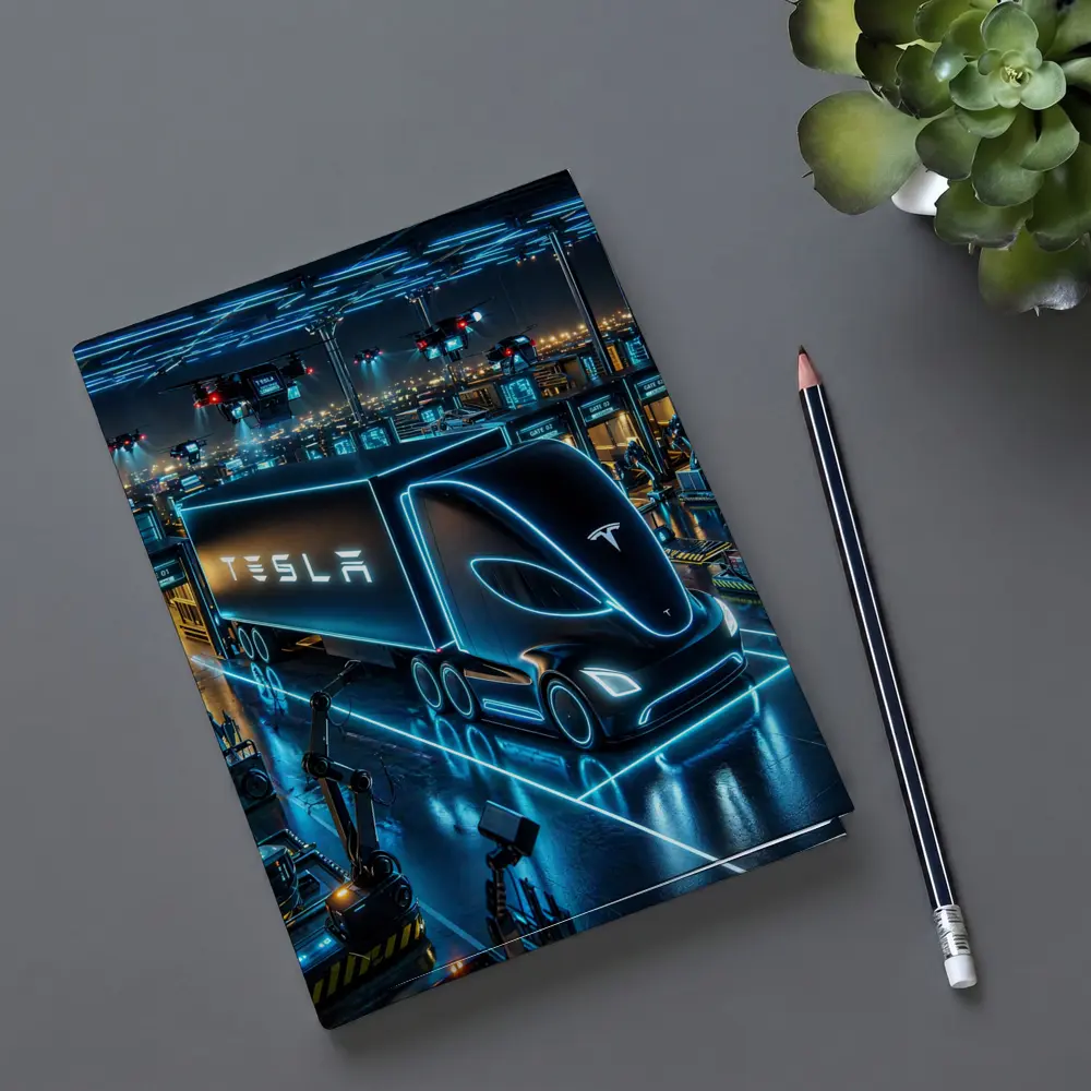 Tesla Semi Neon Factory Night Scene – Notebooks