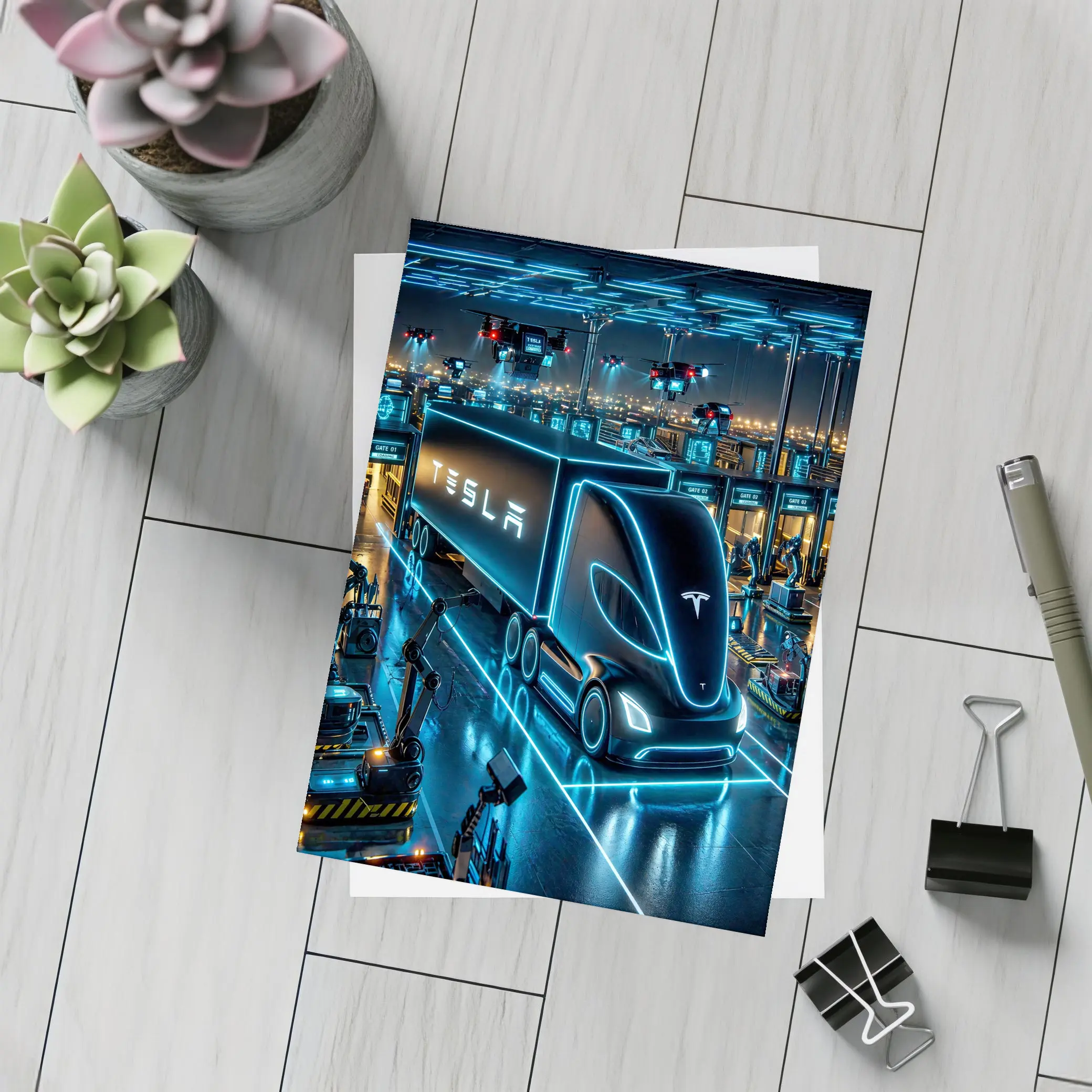 Tesla Semi Neon Factory Night Scene – Postcards