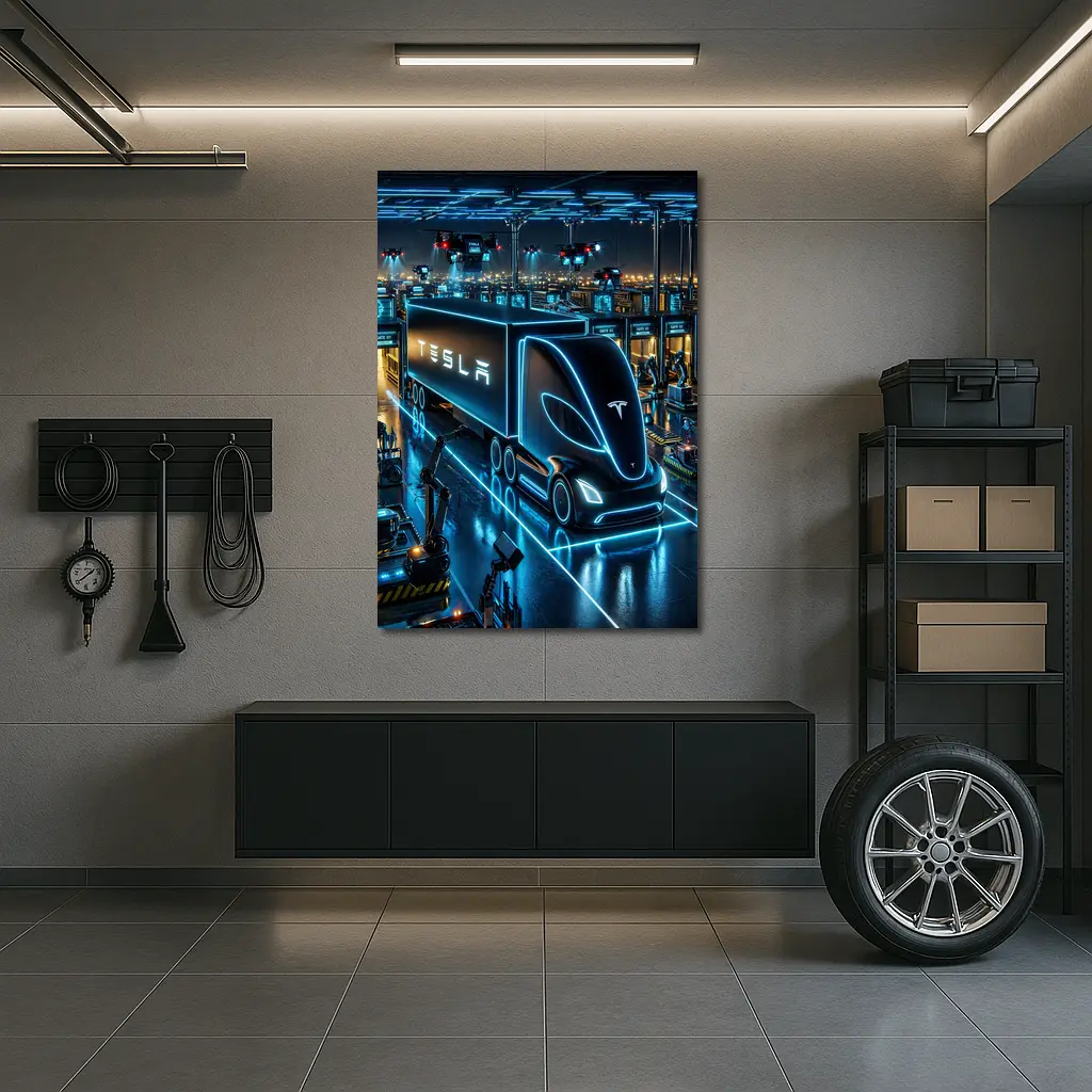 Tesla Semi Neon Factory Night Scene – Wall Art