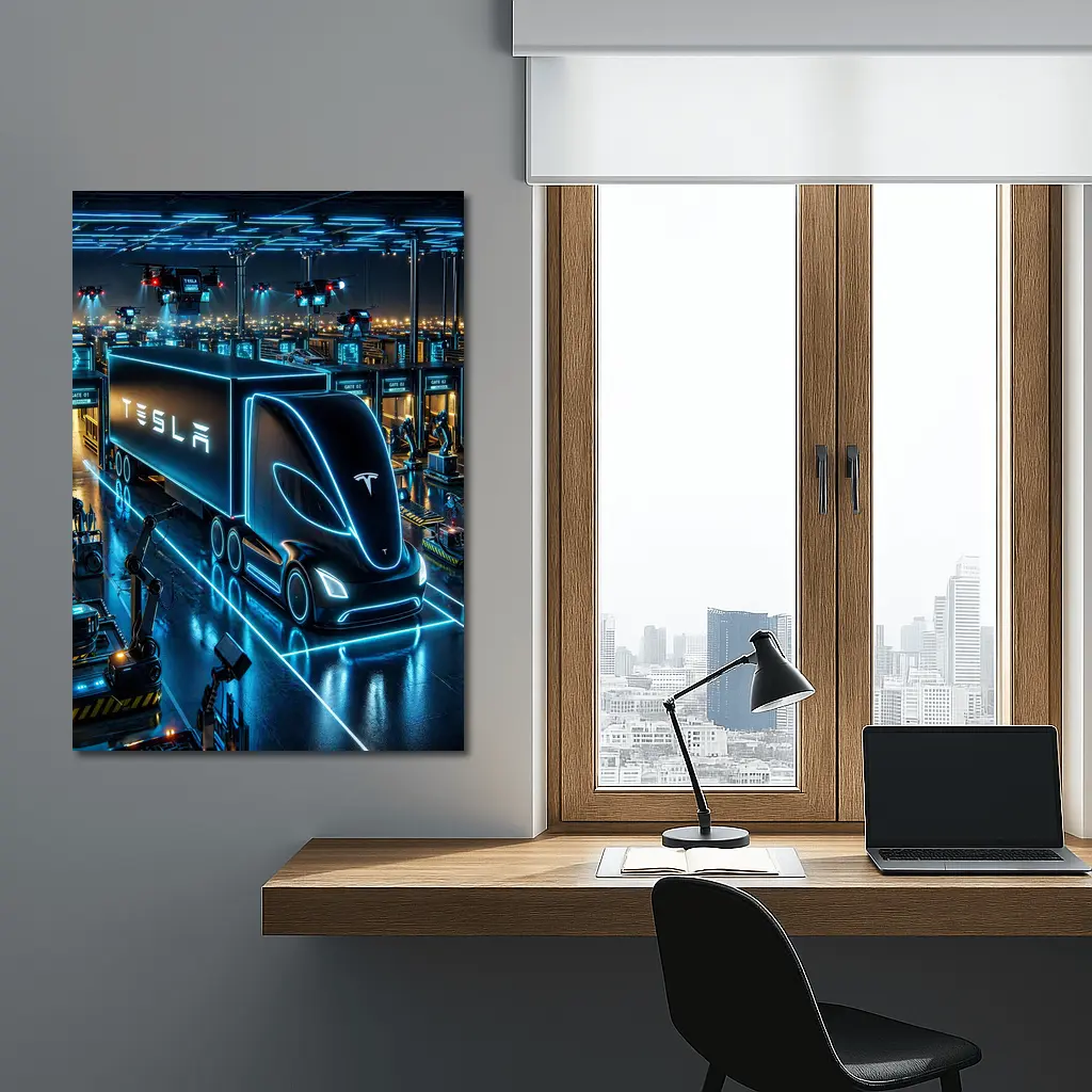 Tesla Semi Neon Factory Night Scene – Wall Art