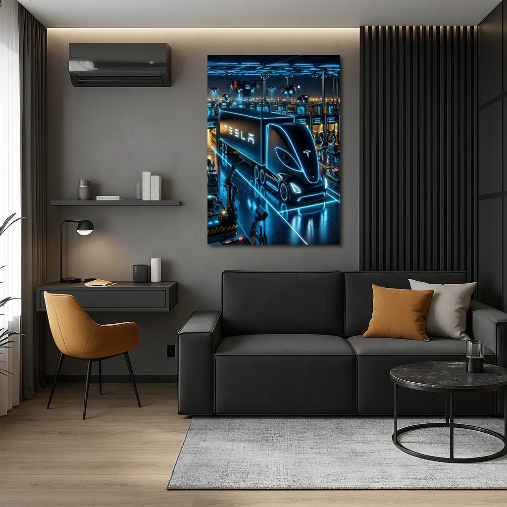 Tesla Semi Neon Factory Night Scene – Wall Art
