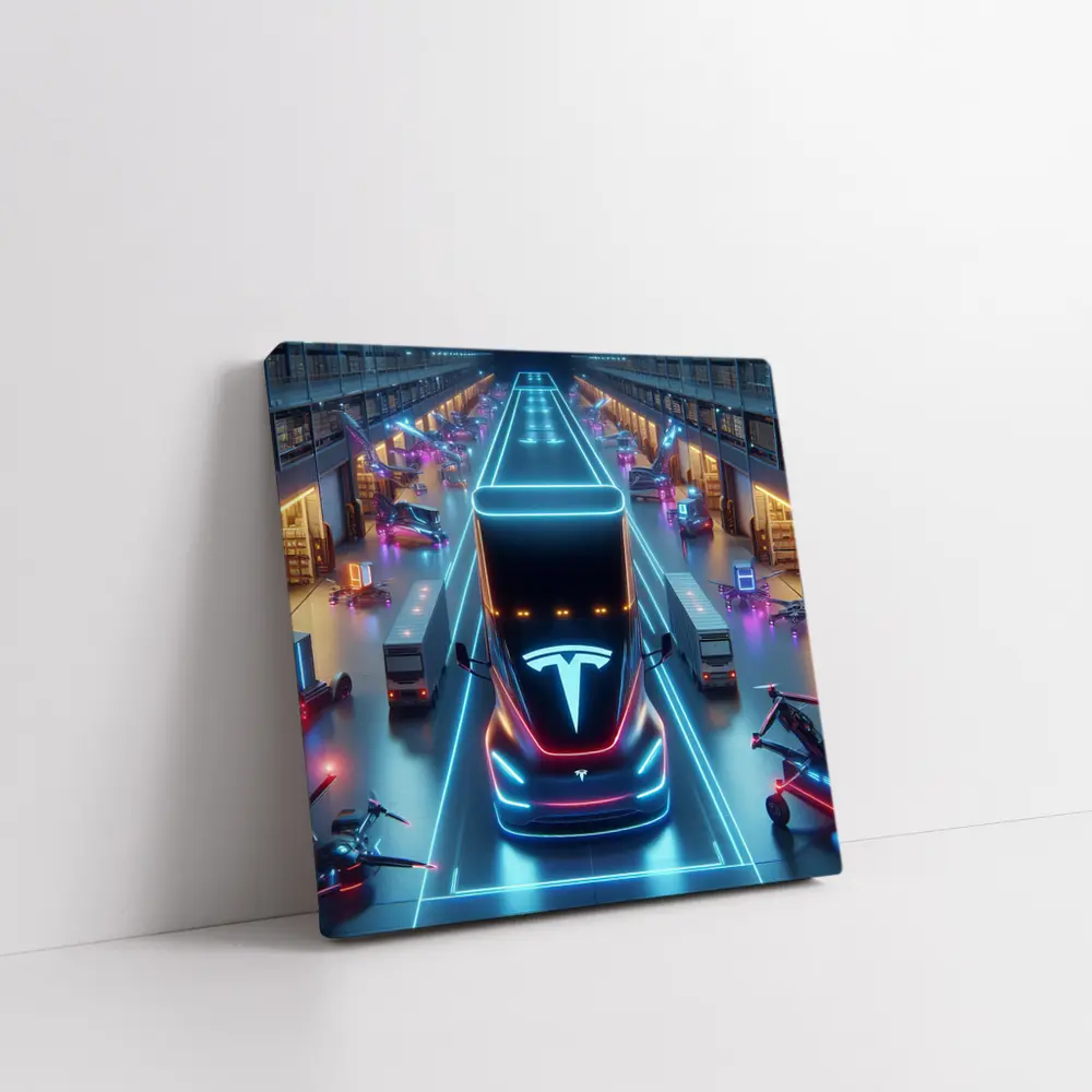 Tesla Semi Neon Lit Futuristic Warehouse Scene – Wall Art