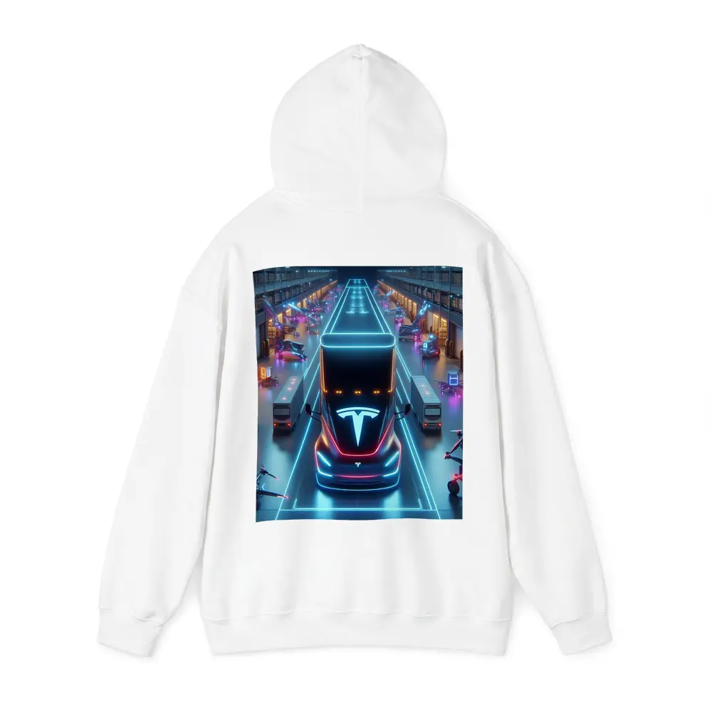 Tesla Semi Neon Lit Futuristic Warehouse Scene – Hoodies