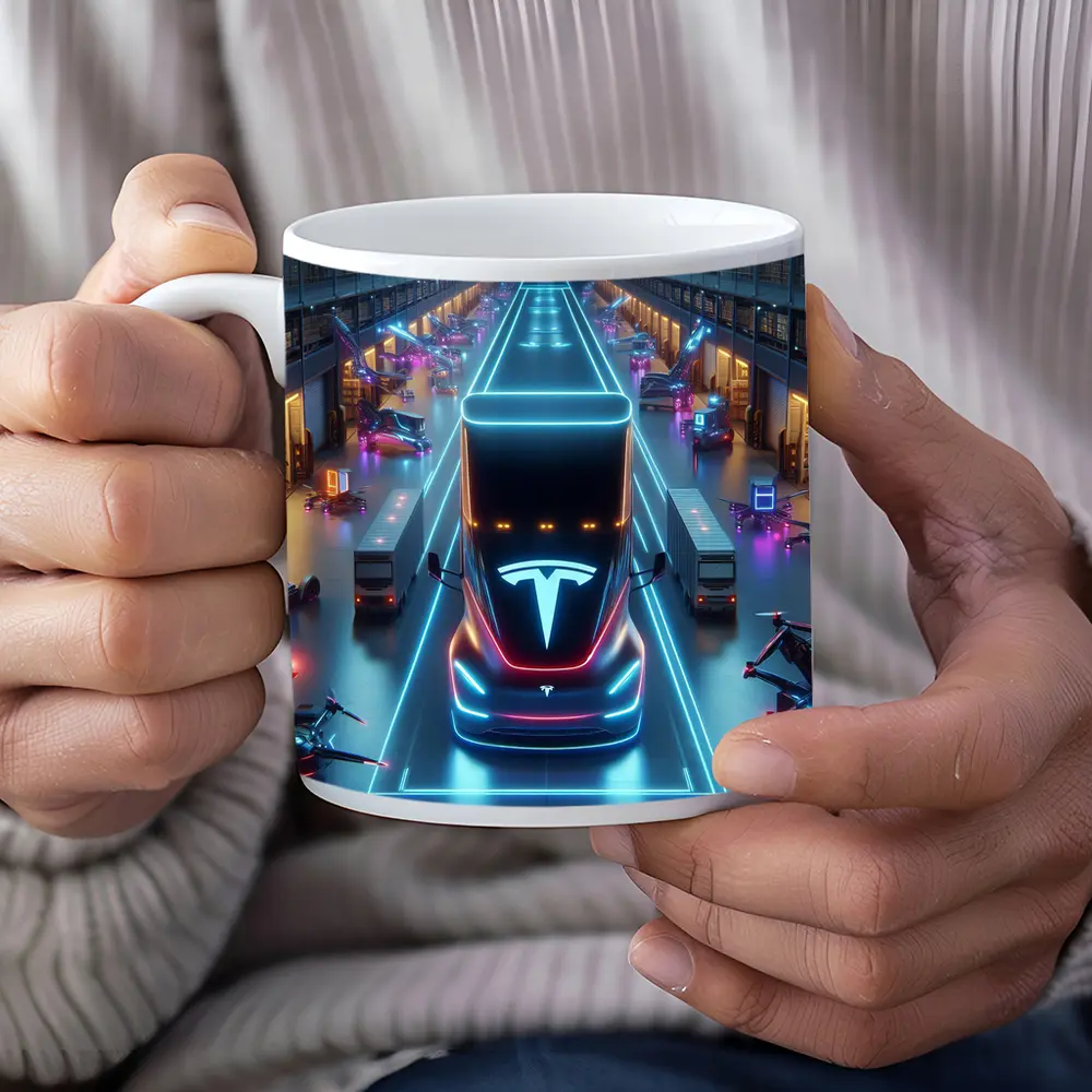 Tesla Semi Neon Lit Futuristic Warehouse Scene – Mugs