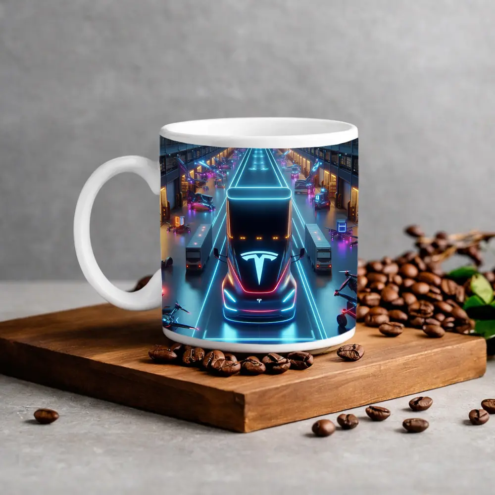 Tesla Semi Neon Lit Futuristic Warehouse Scene – Mugs