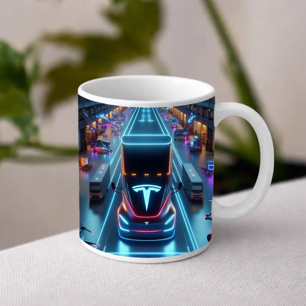 Tesla Semi Neon Lit Futuristic Warehouse Scene – Mugs