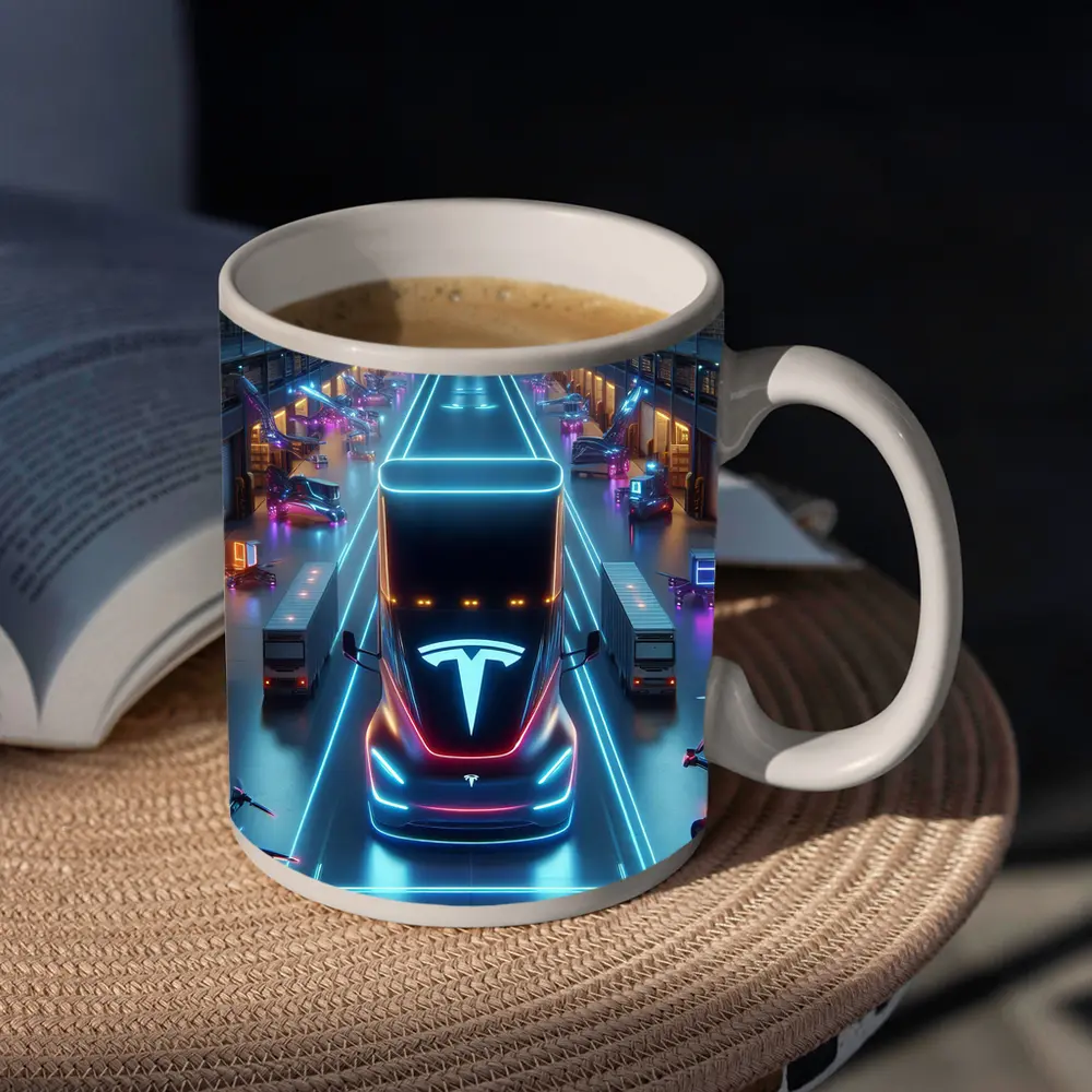 Tesla Semi Neon Lit Futuristic Warehouse Scene – Mugs