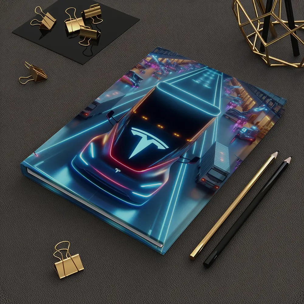 Tesla Semi Neon Lit Futuristic Warehouse Scene – Notebooks
