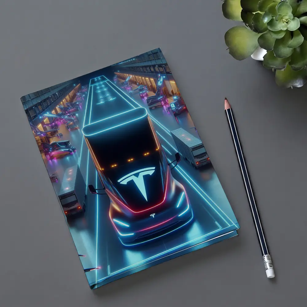 Tesla Semi Neon Lit Futuristic Warehouse Scene – Notebooks