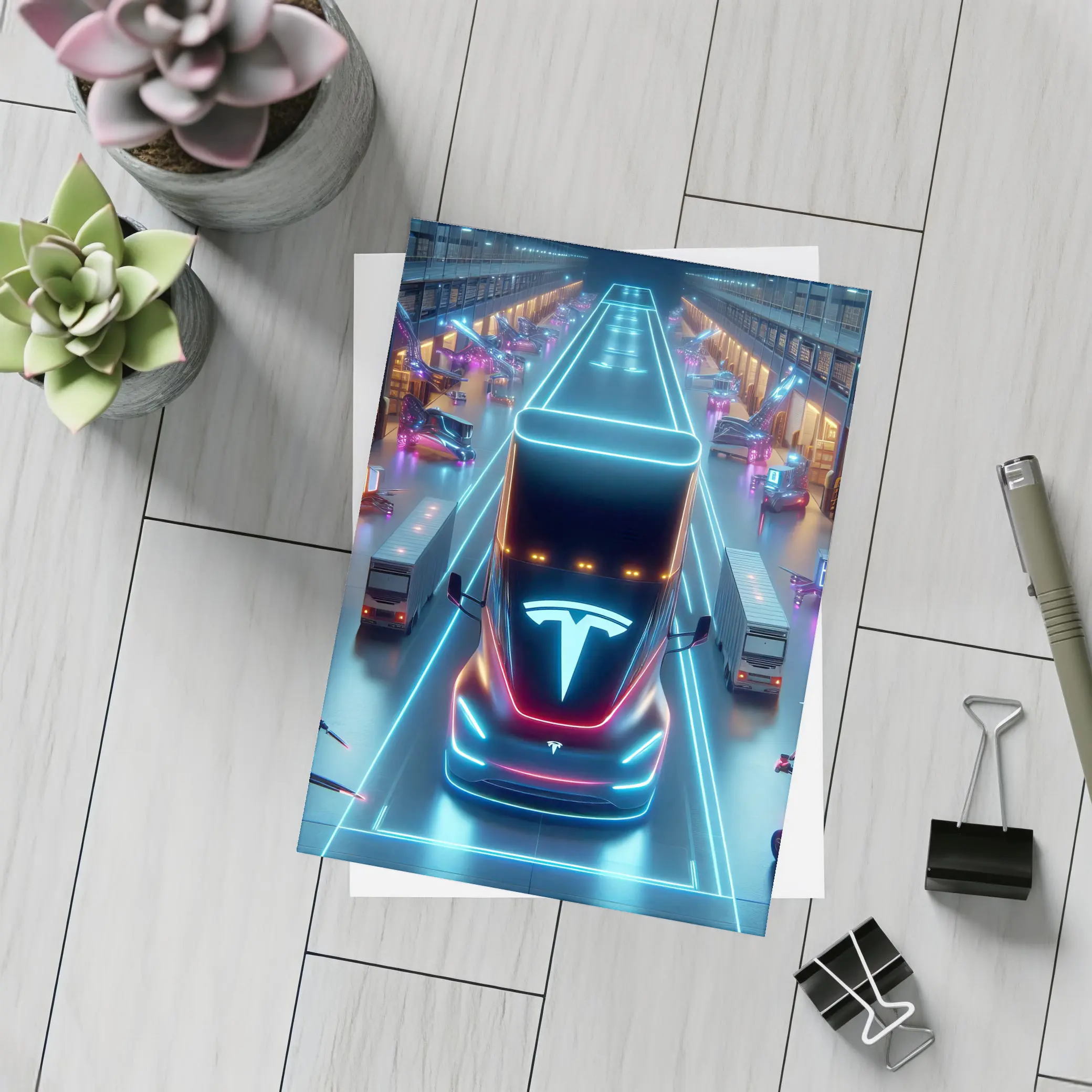 Tesla Semi Neon Lit Futuristic Warehouse Scene – Postcards