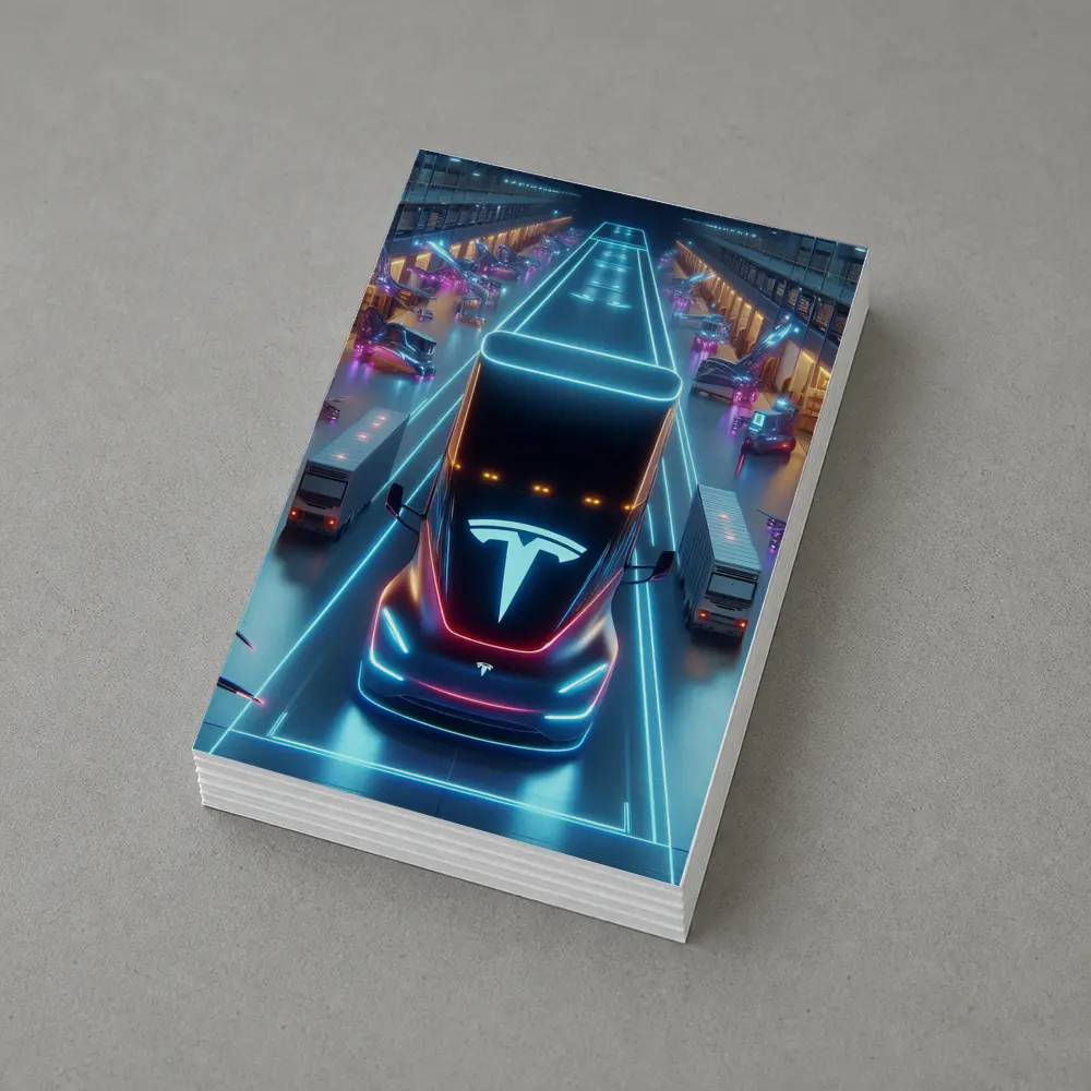 Tesla Semi Neon Lit Futuristic Warehouse Scene – Postcards