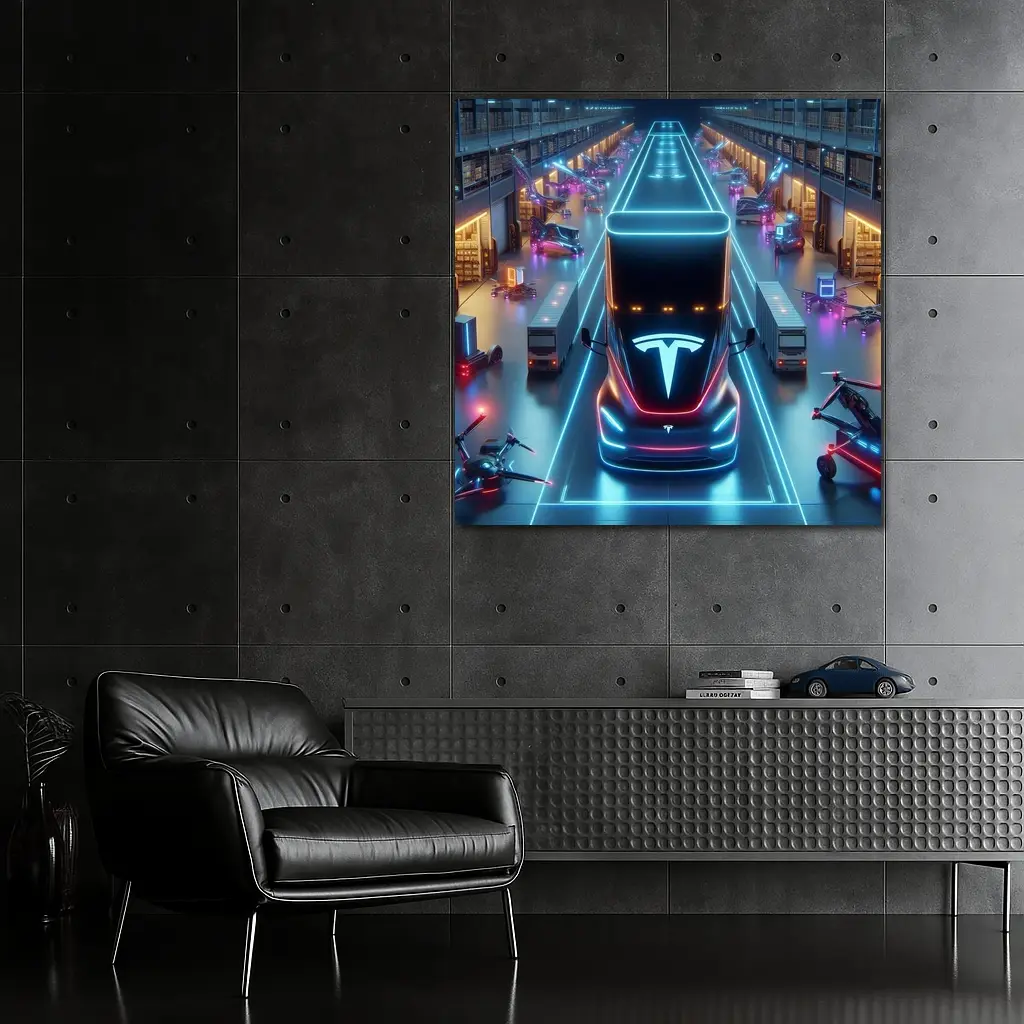 Tesla Semi Neon Lit Futuristic Warehouse Scene – Wall Art
