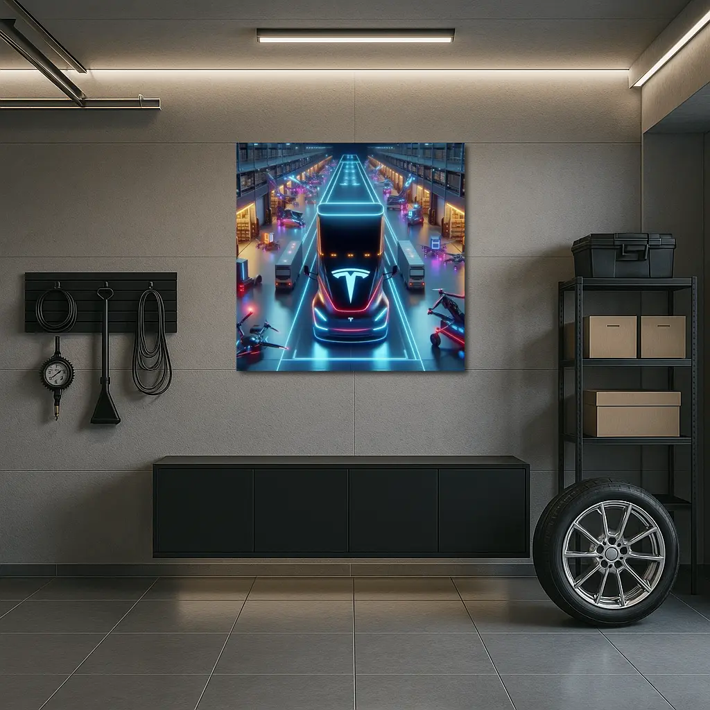 Tesla Semi Neon Lit Futuristic Warehouse Scene – Wall Art
