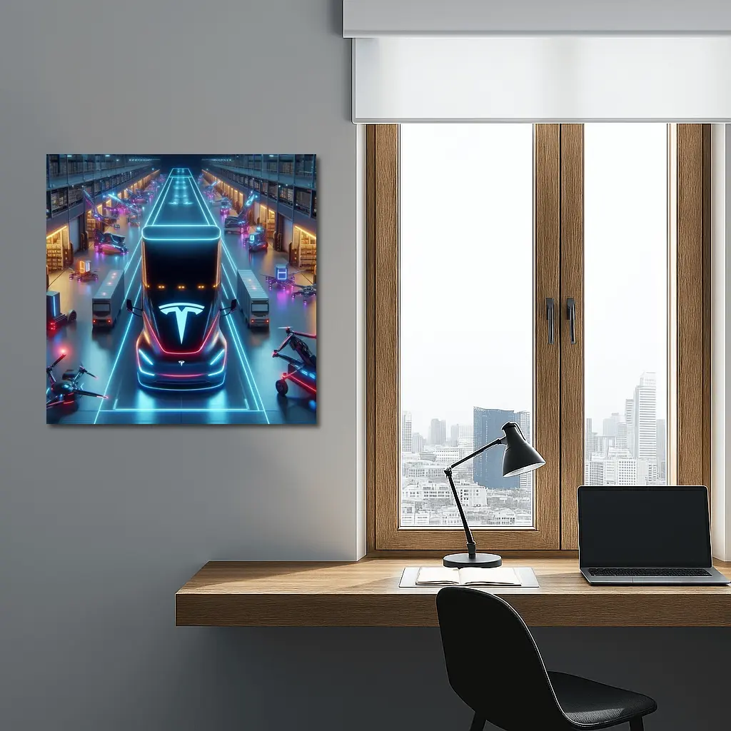 Tesla Semi Neon Lit Futuristic Warehouse Scene – Wall Art