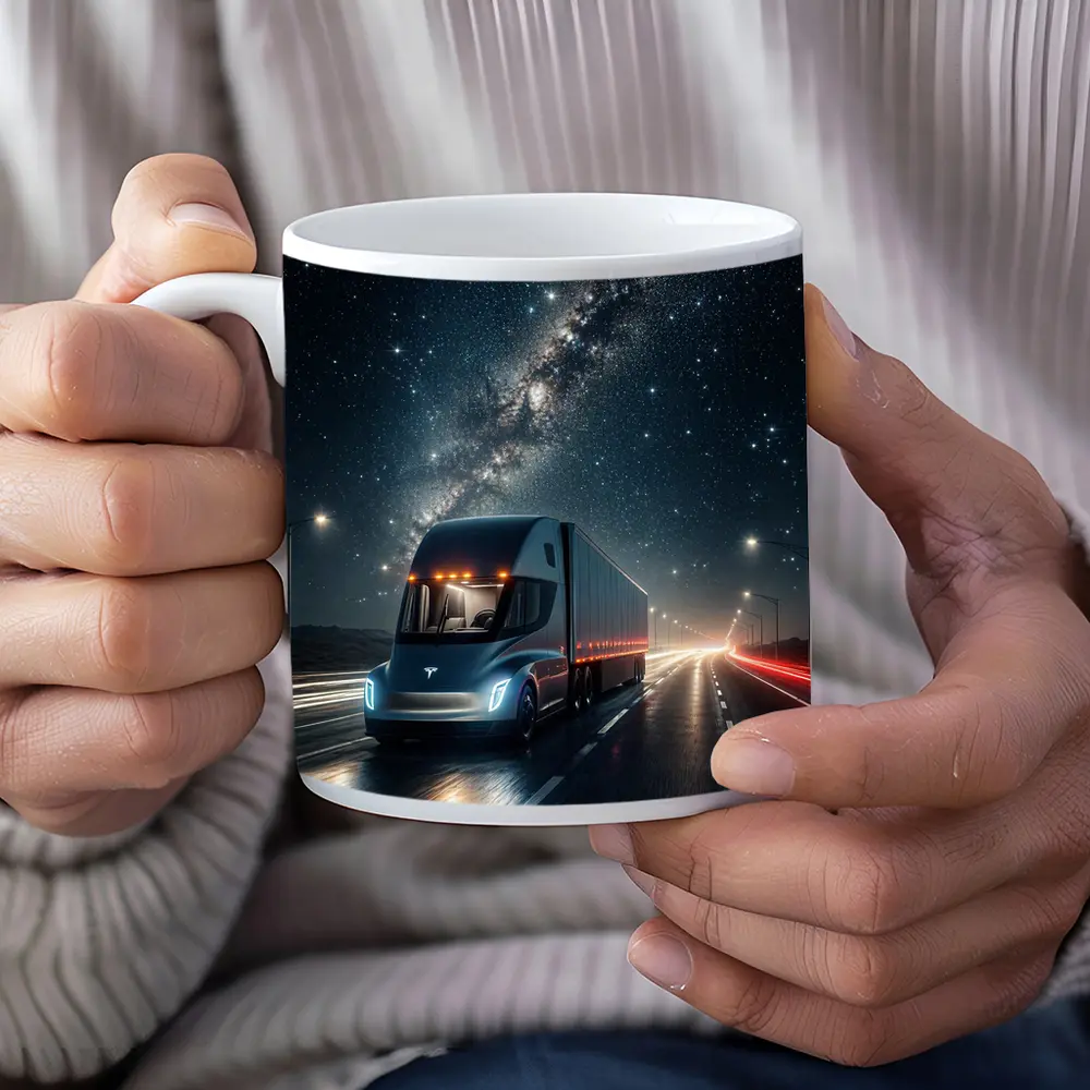 Tesla Semi Truck Driving Under Starry Night – Mugs