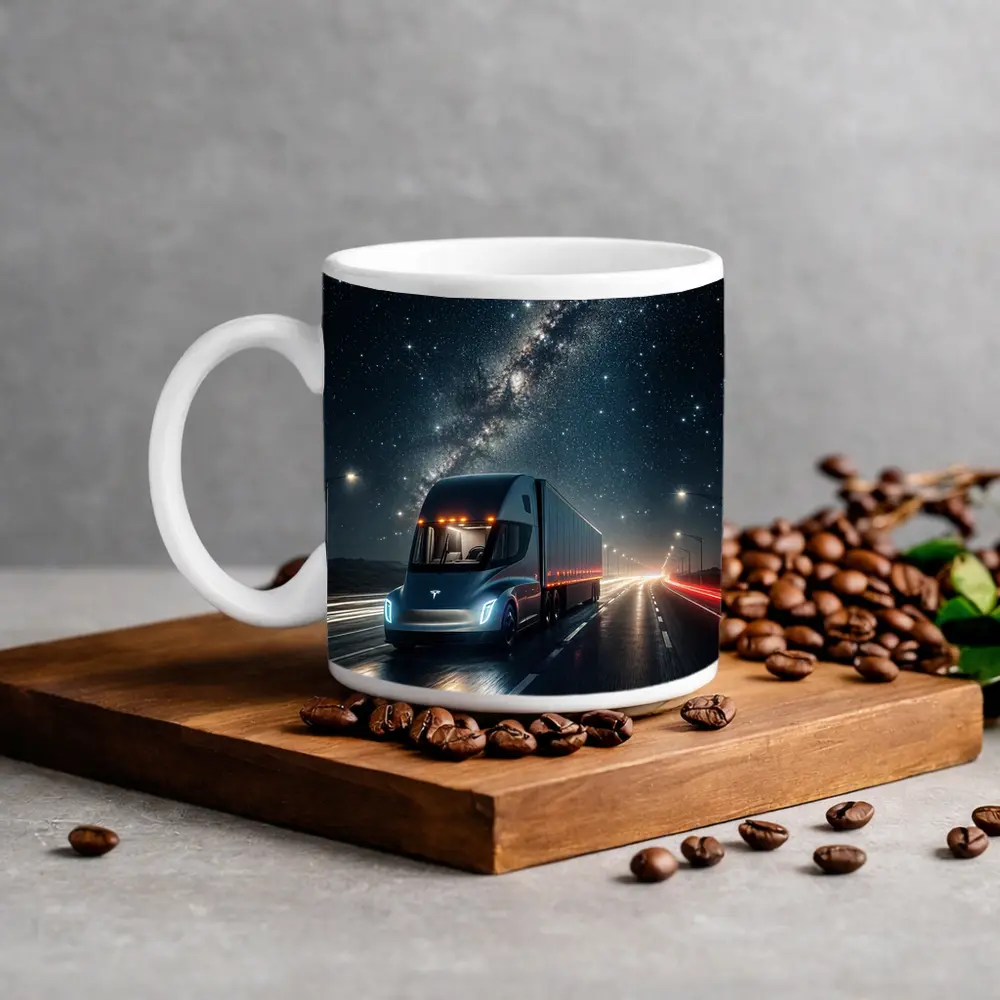 Tesla Semi Truck Driving Under Starry Night – Mugs