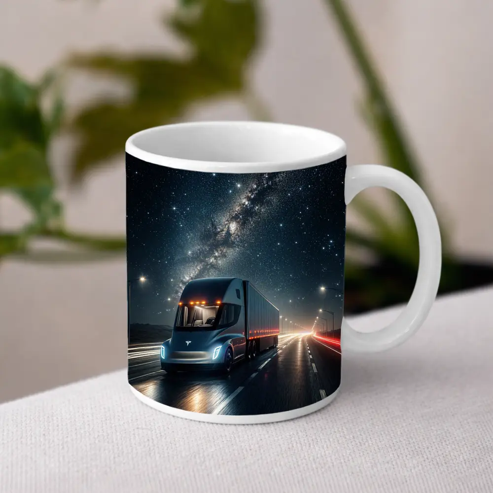 Tesla Semi Truck Driving Under Starry Night – Mugs