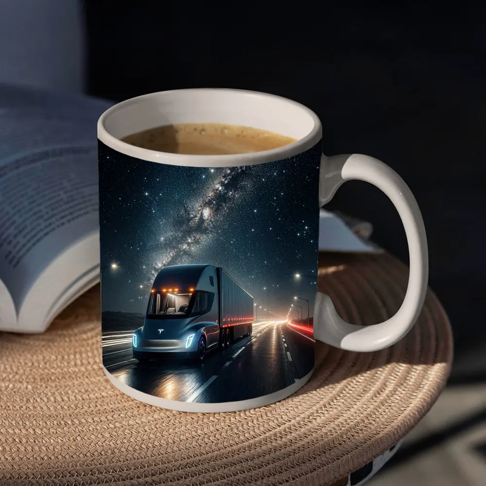 Tesla Semi Truck Driving Under Starry Night – Mugs