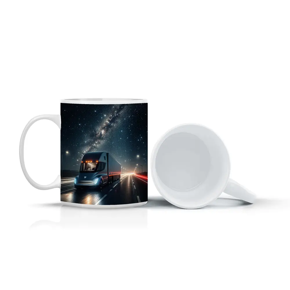 Tesla Semi Truck Driving Under Starry Night – Mugs