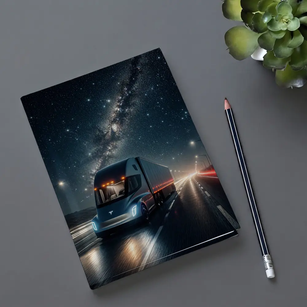 Tesla Semi Truck Driving Under Starry Night – Notebooks