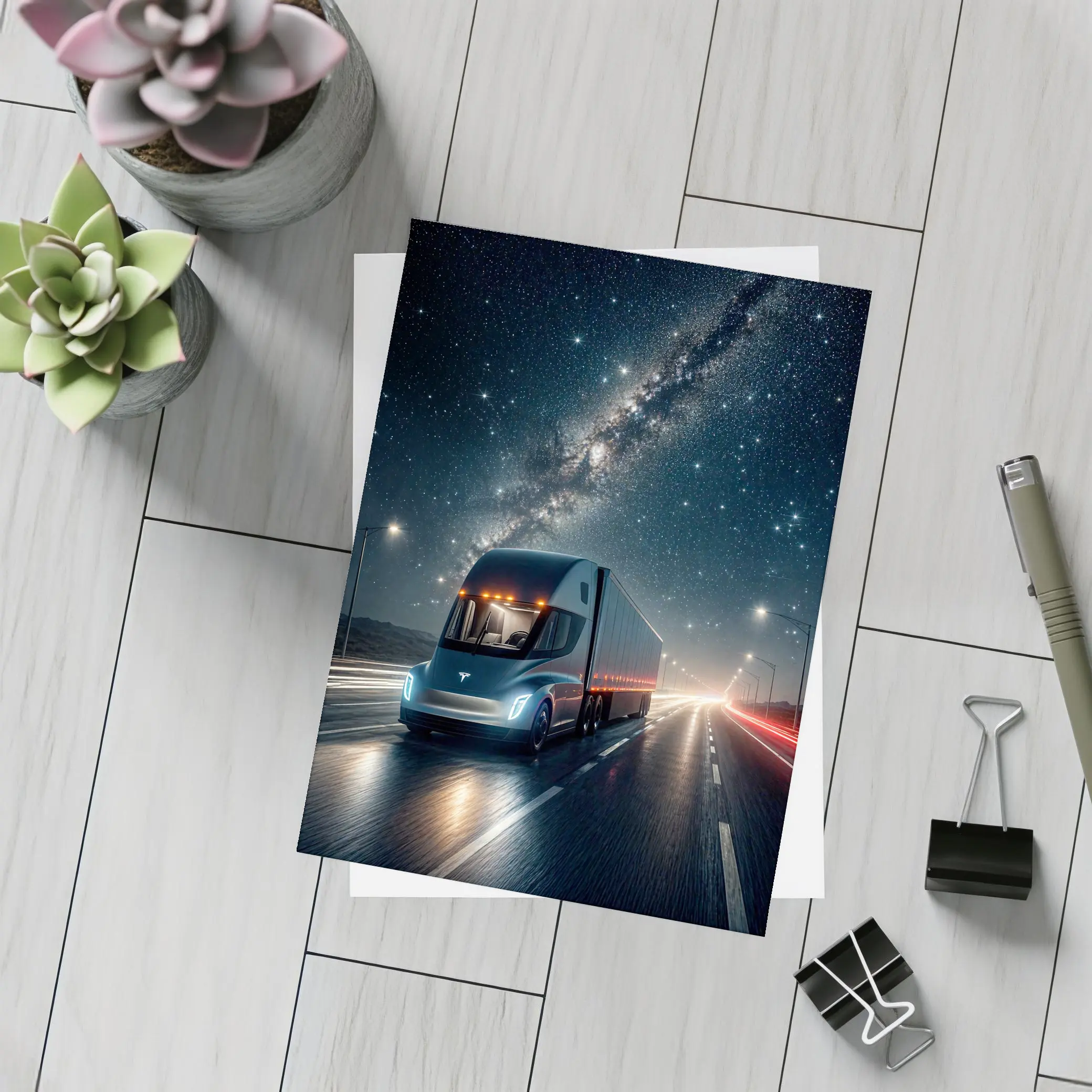 Tesla Semi Truck Driving Under Starry Night – Postcards