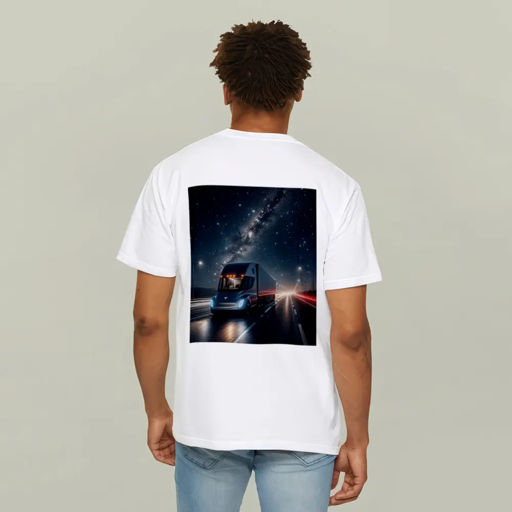Tesla Semi Truck Driving Under Starry Night – T-Shirts