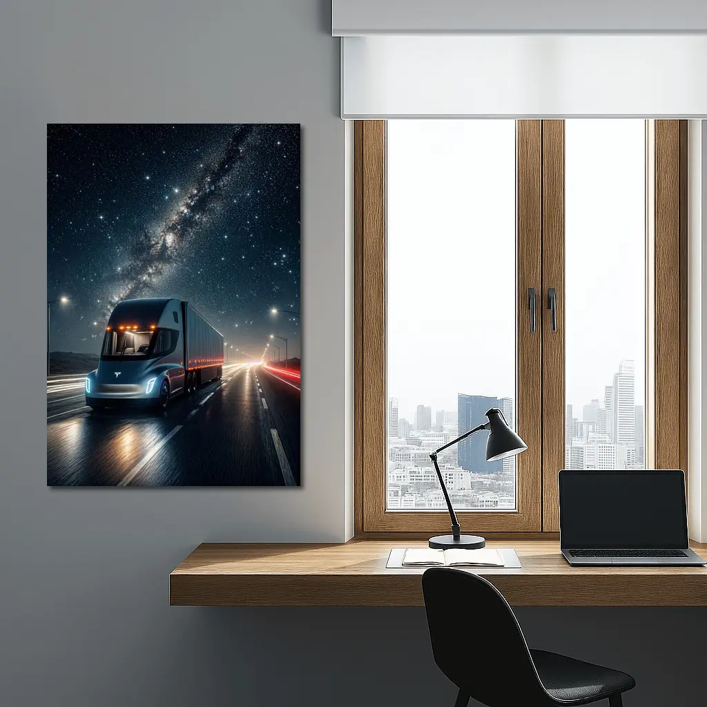 Tesla Semi Truck Driving Under Starry Night – Wall Art