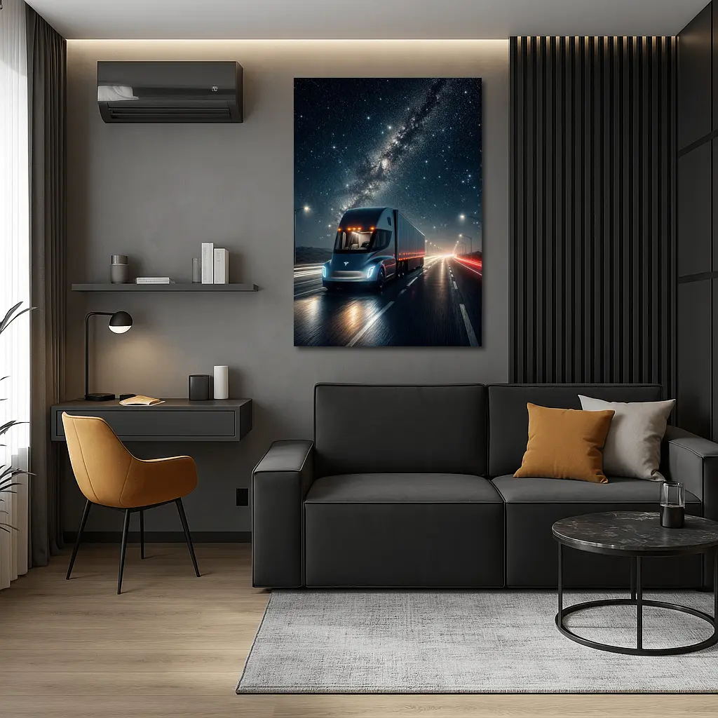Tesla Semi Truck Driving Under Starry Night – Wall Art