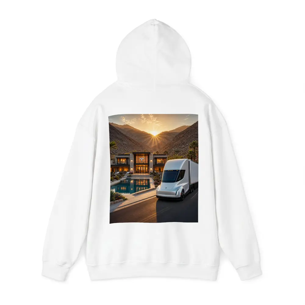 Tesla Semi Truck Desert Mansion Sunset – Hoodies