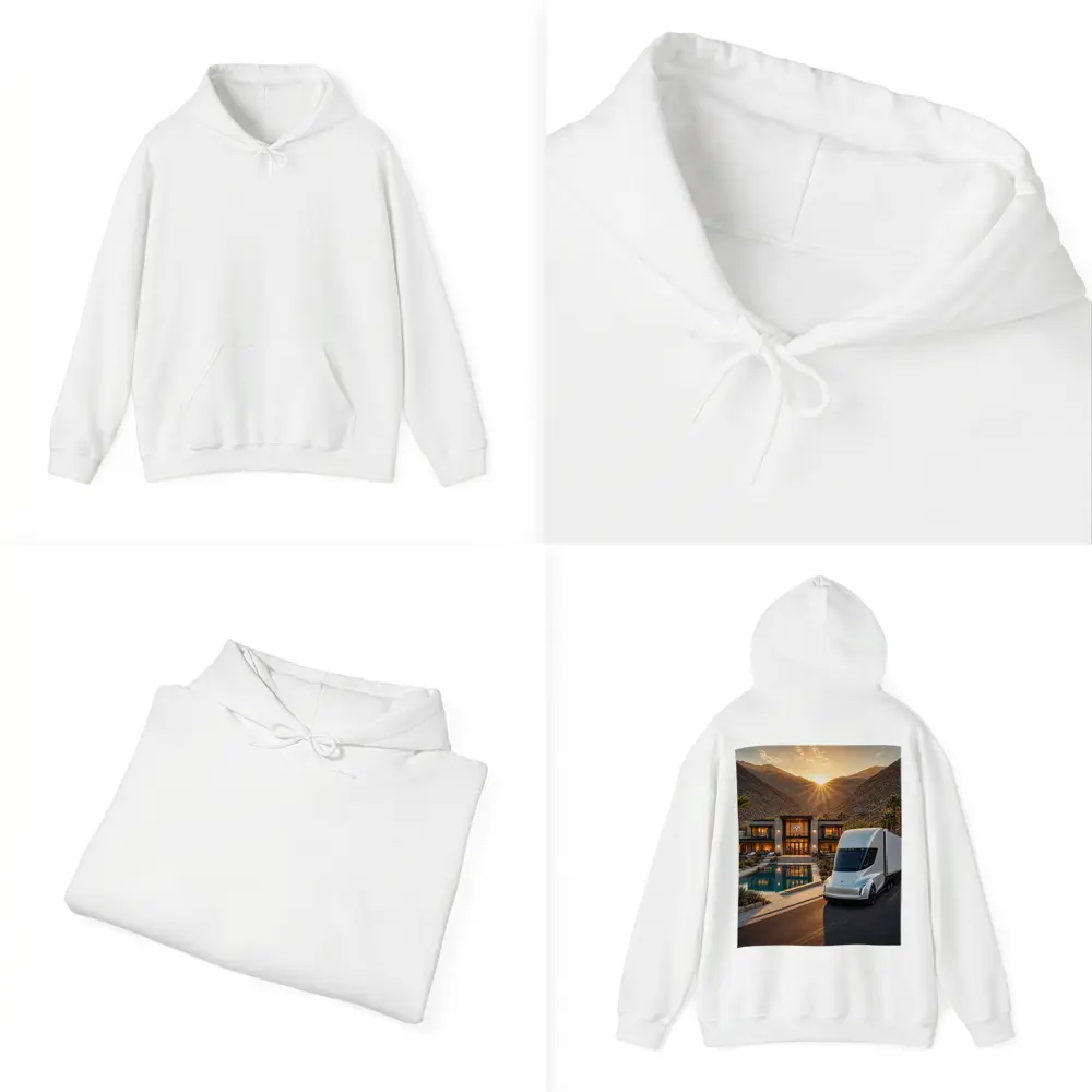 Tesla Semi Truck Desert Mansion Sunset – Hoodies