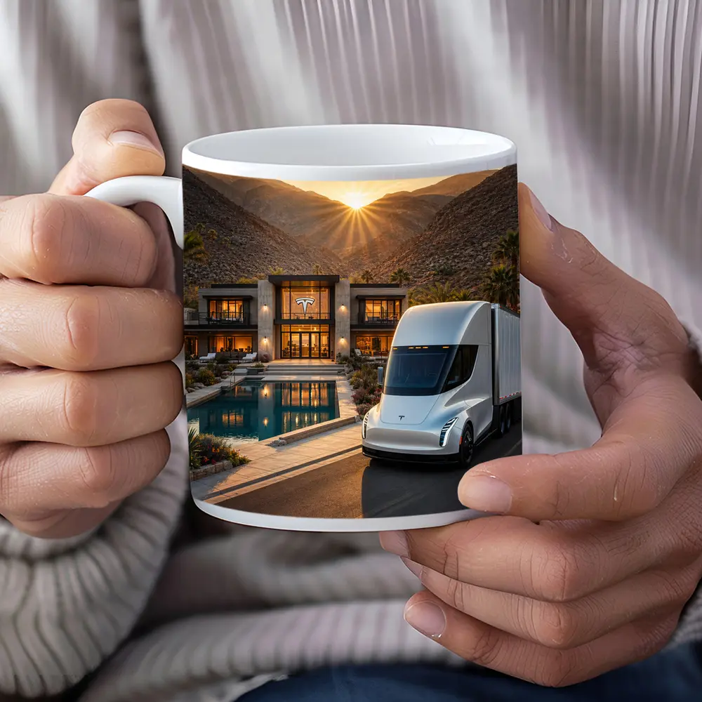 Tesla Semi Truck Desert Mansion Sunset – Mugs