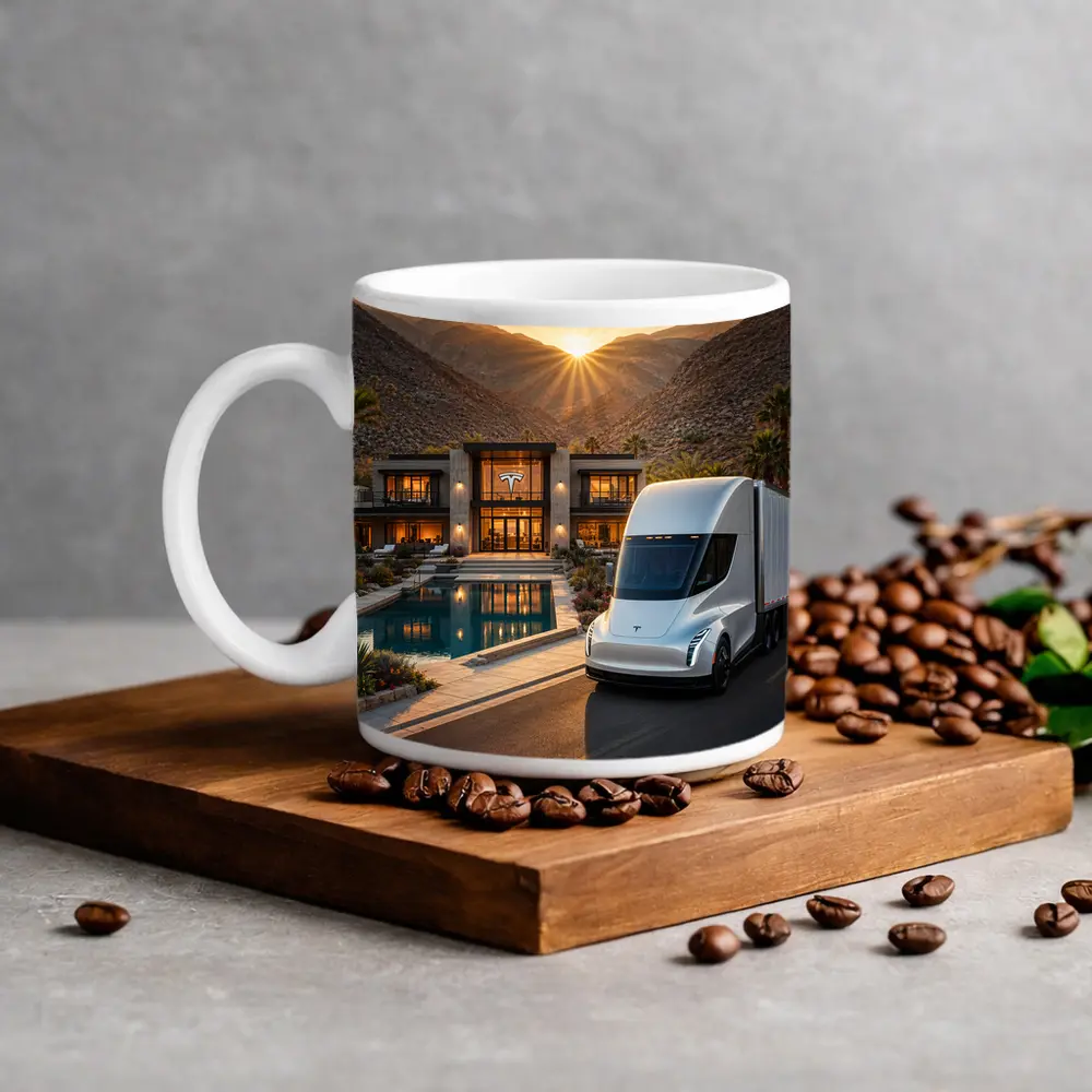 Tesla Semi Truck Desert Mansion Sunset – Mugs