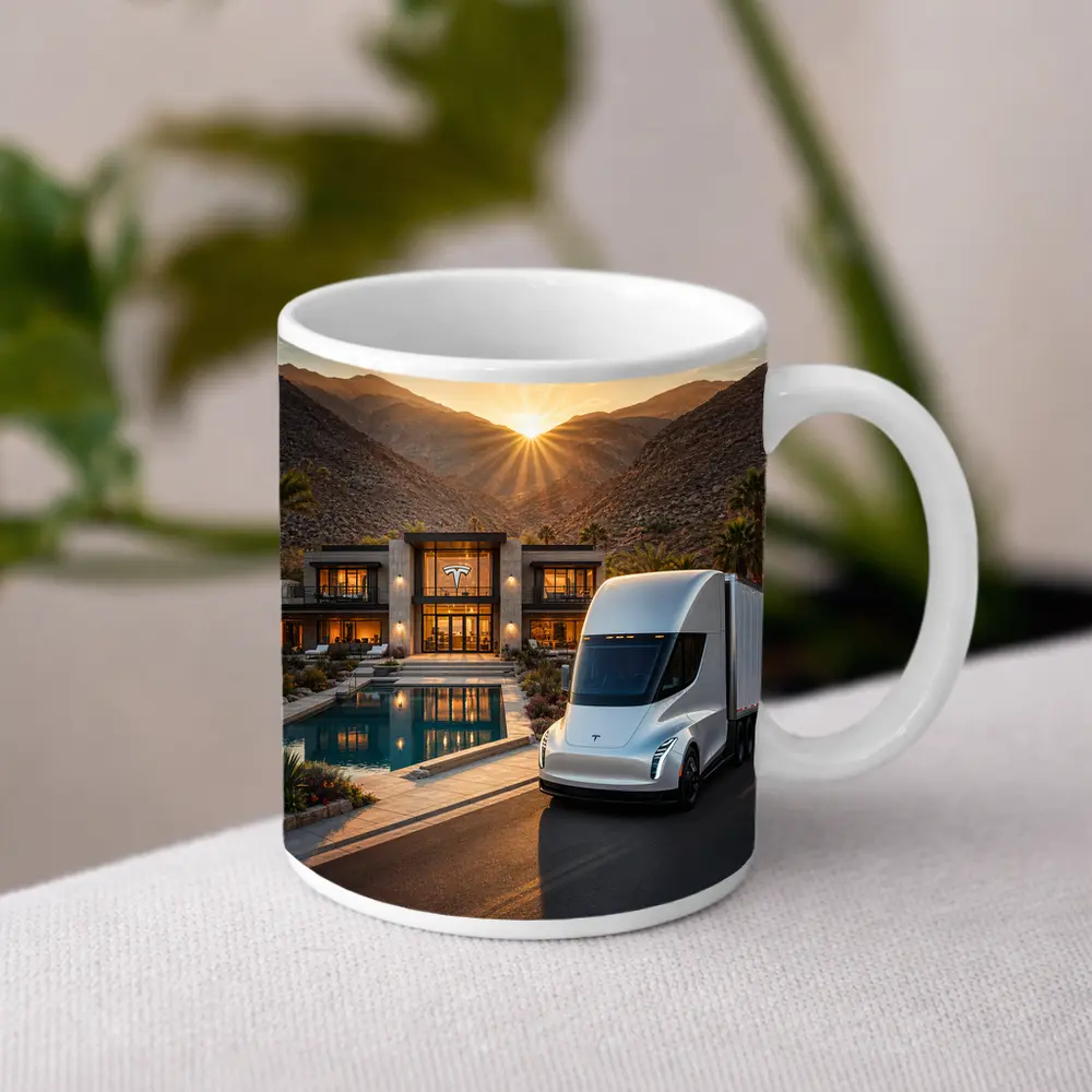 Tesla Semi Truck Desert Mansion Sunset – Mugs