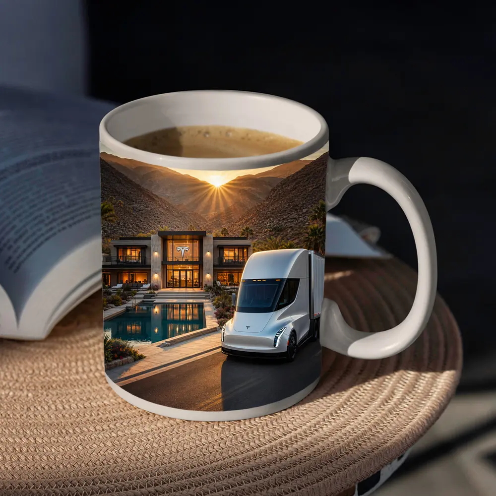 Tesla Semi Truck Desert Mansion Sunset – Mugs