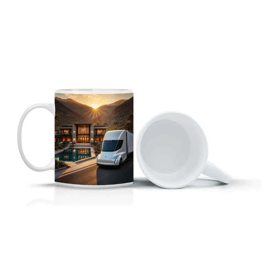Tesla Semi Truck Desert Mansion Sunset – Mugs