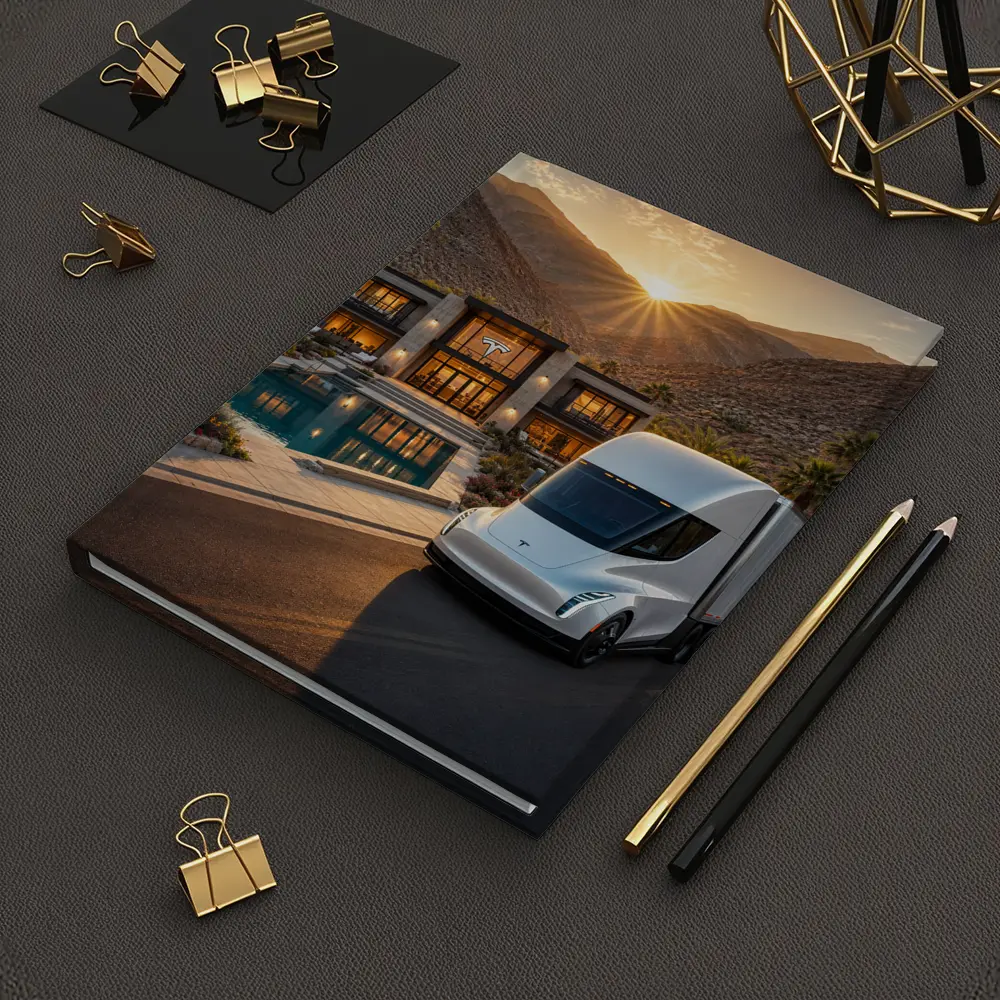 Tesla Semi Truck Desert Mansion Sunset – Notebooks